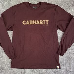 Men's Carhartt Long Sleeve Spellout Logo Maroon Loose Fit Pullover T Shirt Sz M